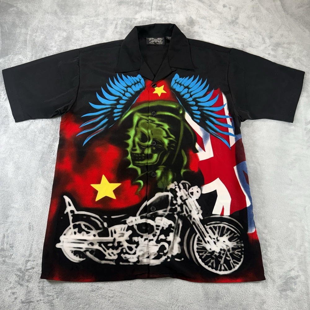 Dragonfly Road House Men's M‎ Skull Motorcycle Button Up Graphic Biker Y2K Shirt